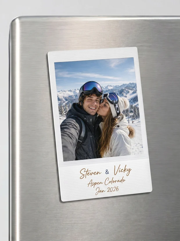 A memopixx photo magnet — Steven & Vicky, Aspen Colorado, Jan 2026