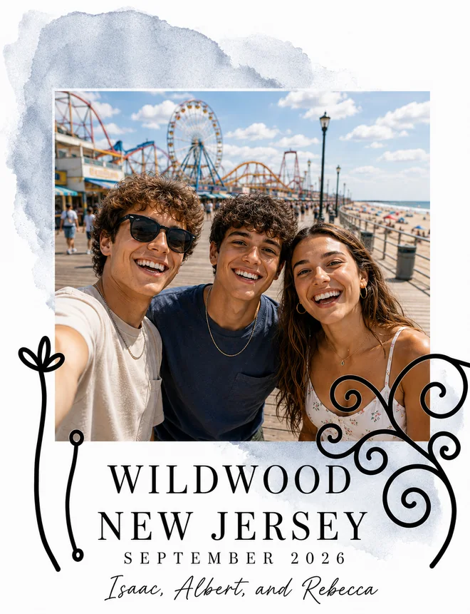 A memopixx photo magnet branded for the Wildwood, NJ boardwalk — three friends, September 2026