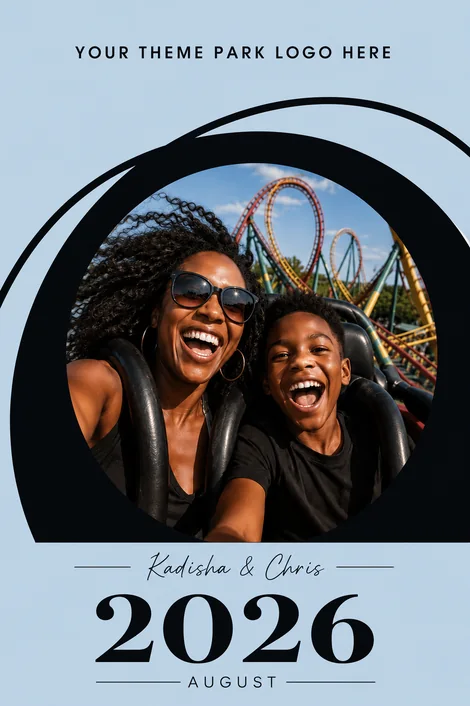A memopixx photo magnet with a theme-park logo placeholder — Kadisha & Chris, August 2026