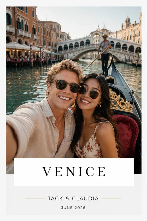 A memopixx photo magnet branded for Venice — Jack & Claudia, June 2026