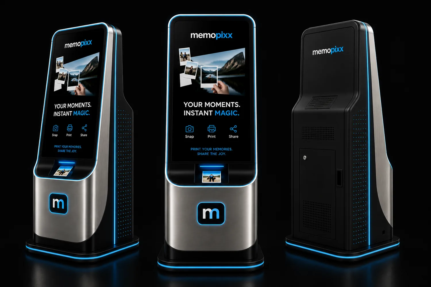 The memopixx smart photo kiosk, three views